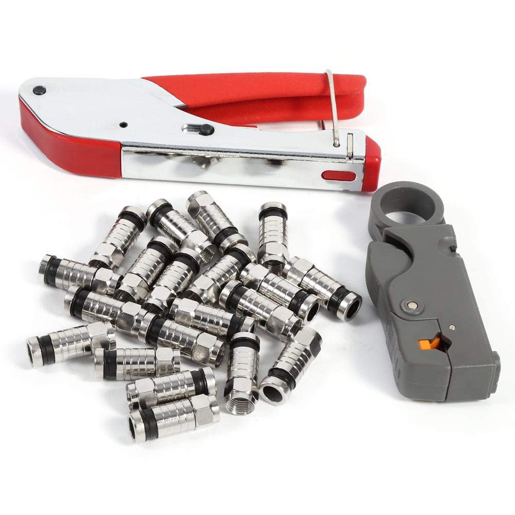 Coaxial Cables,20Pcs Compression Tool Set Compression Connectors and Cable Stripper Cable Coax Crimper with F RCA RG58 Connector Coaxial Crimping Set Compression Tool Kit for RG6 RG59 RG58