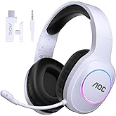 AOC Wireless Gaming Headset Compatible with ps5/4, PC, USB-C & Bluetooth 5.4 & 2.4GHz Gaming Headphones with Noise Canceling Mic, 7.1 Virtual Surround,20ms Latency, 45H, RGB- White
