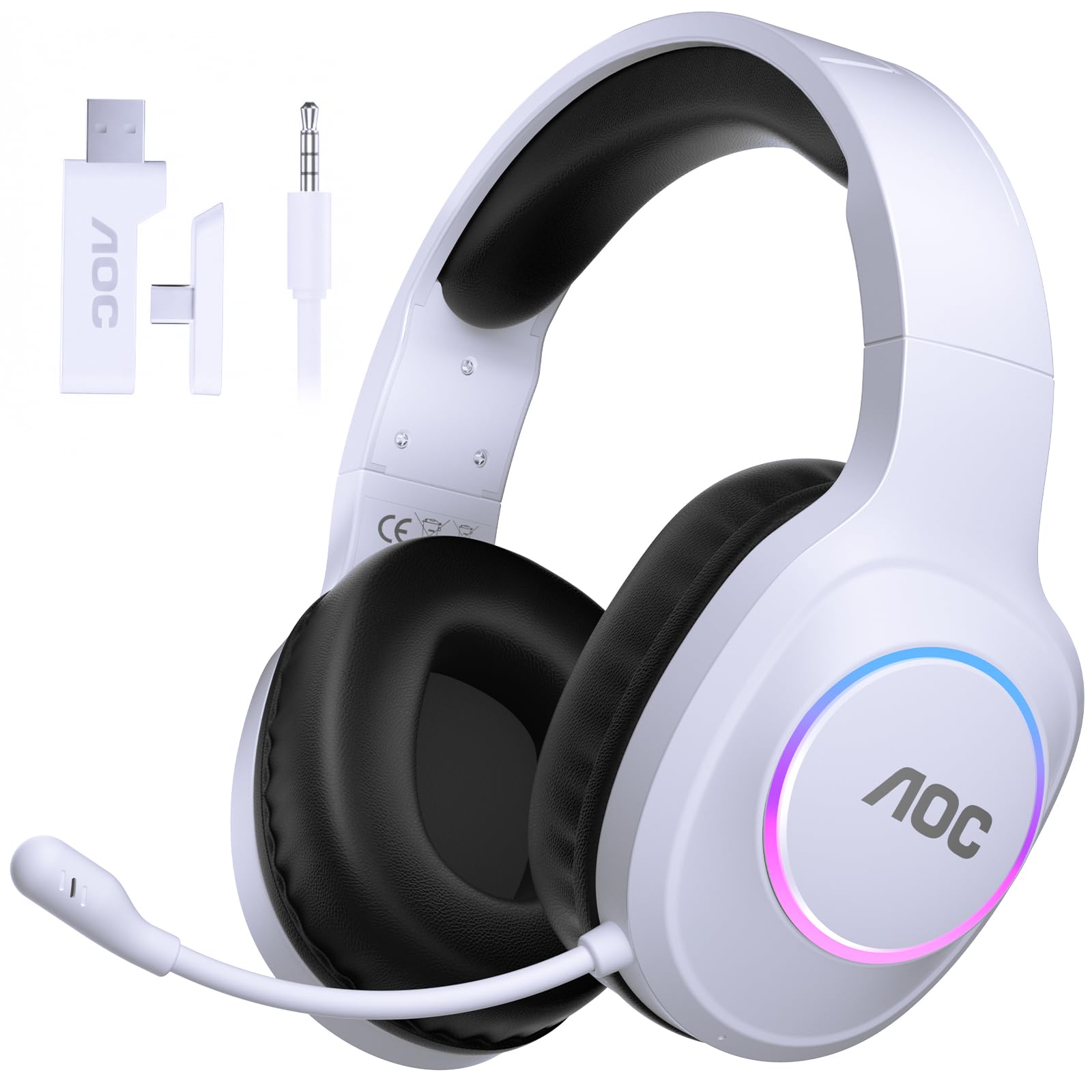 Photo 1 of **INCOMPLETE** AOC Wireless Gaming Headset Compatible with ps5/4, PC, USB-C & Bluetooth 5.4 & 2.4GHz Gaming Headphones with Noise Canceling Mic, 7.1 Virtual Surround,20ms Latency, 45H, RGB- White