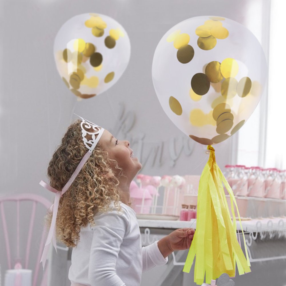 JER Gold Confetti Balloons, 16Pcs Party Decor Balloons Circle Confetti Filled with 12 inches Bonus Handmade Banner for Wedding Birthday Party Festival Decorations(16 Pcs Balloons + Pennant Garland)