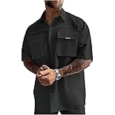 SHENHE Men's Short Sleeve Button Down Shirt Loose Fit Casual Work Shirt with Flap Pockets