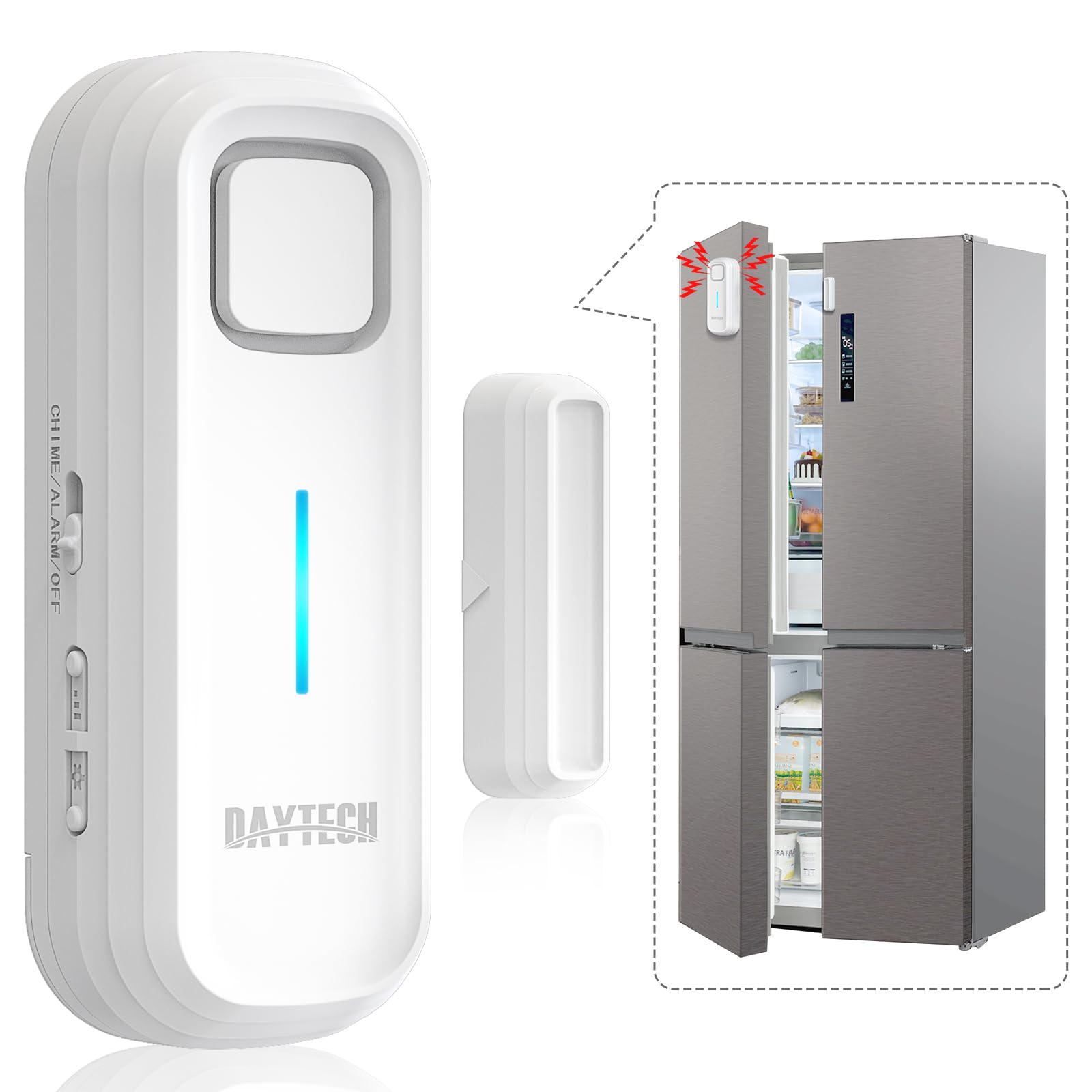 DAYTECH Freezer Door Alarm with Delay 1/2/3/4 Mins When Opend Window Alarm Close Doors Reminder Fridge Door Alarm Sensor or Chime 0 to 120 dB for Door Ajar Warning White 1 Pack