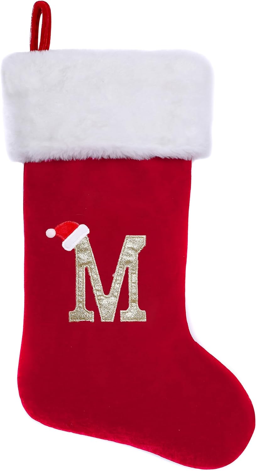 Stockings & Holders - CHOTONIC 20 Inches Red Velvet with White Super Soft Plush Cuff Monogram Initial Christmas Stockings Embroidered with Gold Letter Stockings Xmas Tree Decorating Supplies Festival Creative Decorative