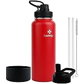 honogo 40 oz Double Wall Insulated Sports Water Bottle for Men, Women & Kids, 18/8 Stainless Steel Wide Mouth Thermal Flask with Straw Lid & Spout Lid, Leak Proof, Keep Hot and Cold (Red, 40 oz)