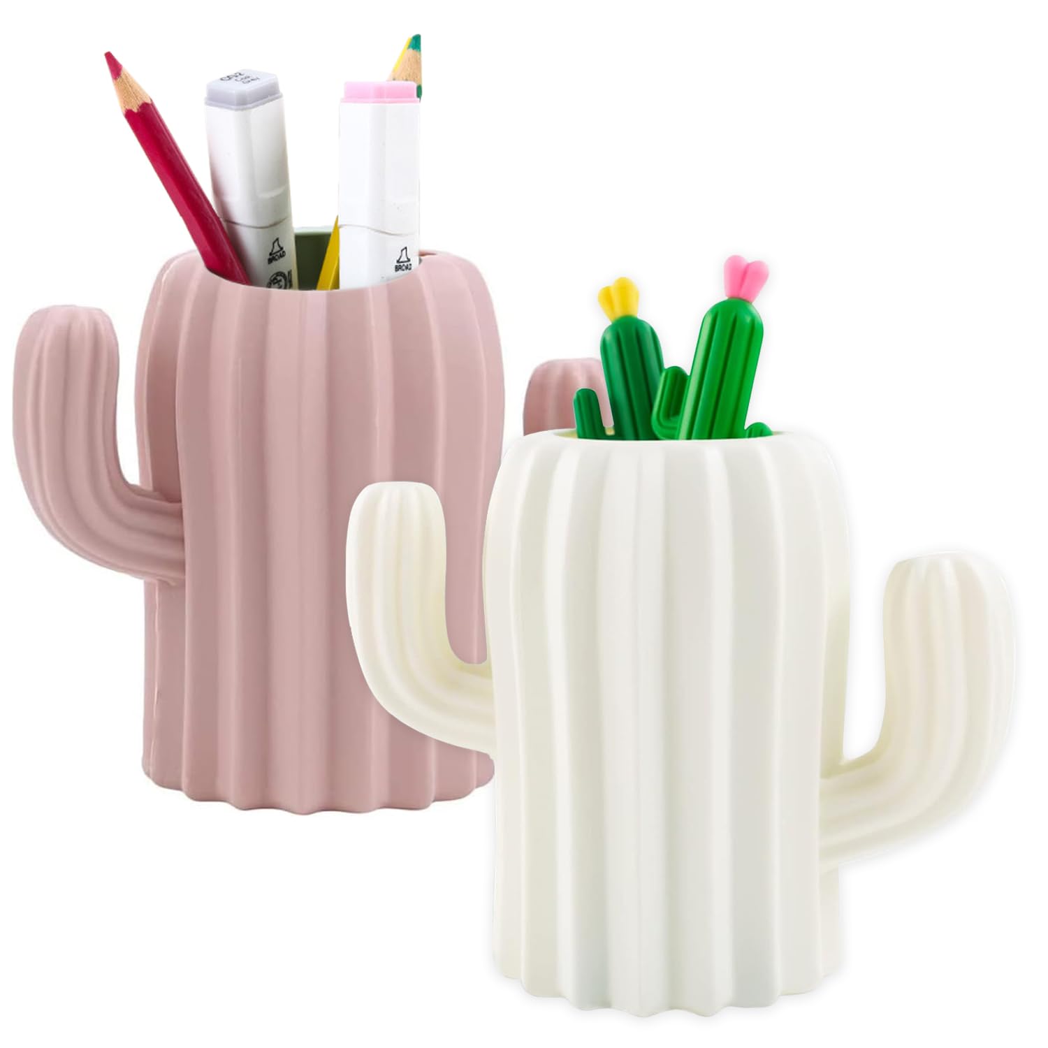 2 Pieces Pen Pencil Pot Holder, Stationery Storage Pen Container, Makeup Brush Holder, Creative Funny Cactus Shape Desk Pen Holder Stand for Desk, Office Supplies, Vanity Table (White, Pink)