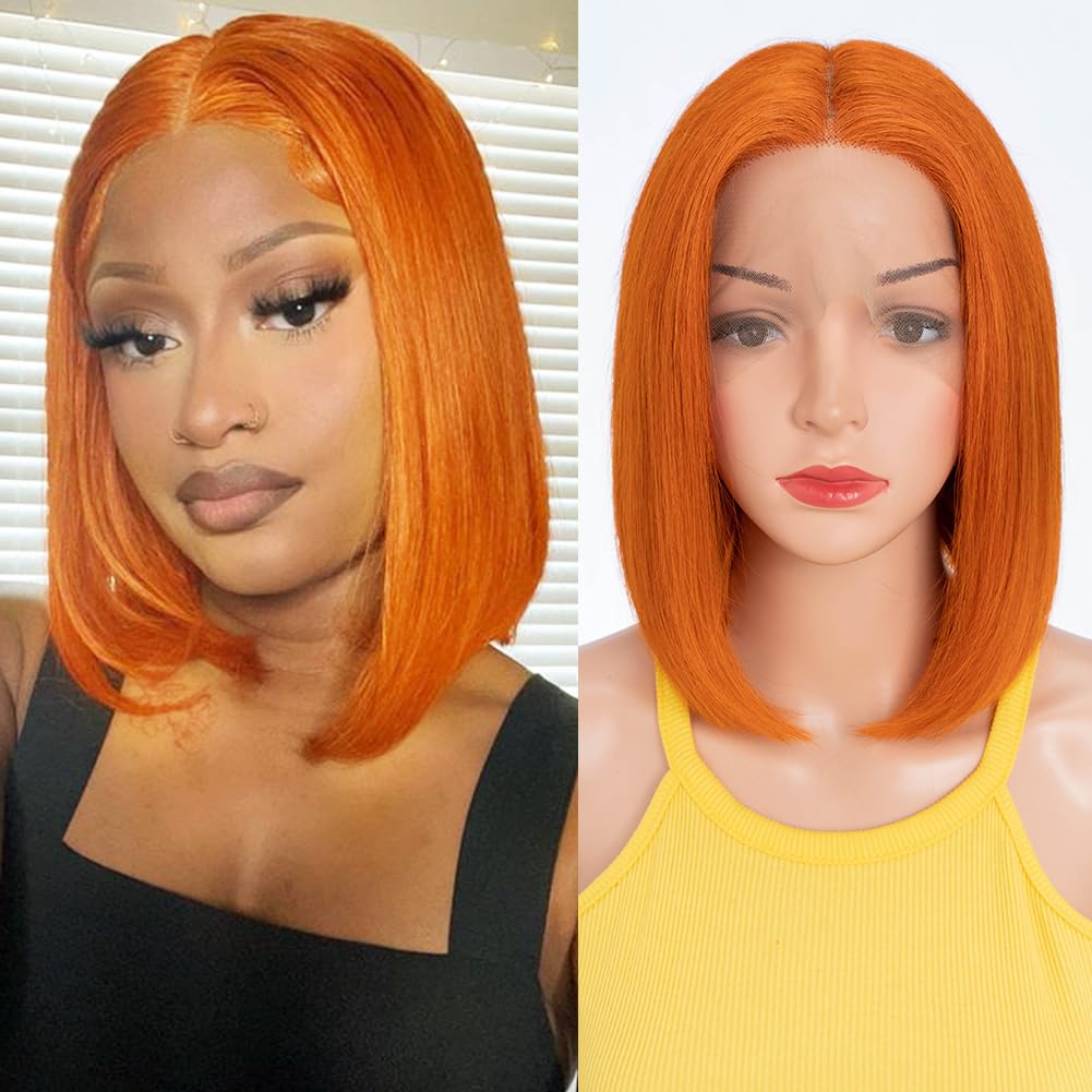DÉBUT Orange Straight Bob Wigs Human Hair T Part Lace Front Bob Wig Pre Plucked with Baby Hair 150% Density Brazilian Virgin Hair for Women(10 Inches, S ORANGE)