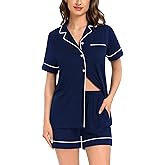 DIKFA Womens 2Pcs Pjs Set Short Sleeve Pajamas Classic Sleepwear Loungewear Button-Down Pjs with Shorts S-XXL