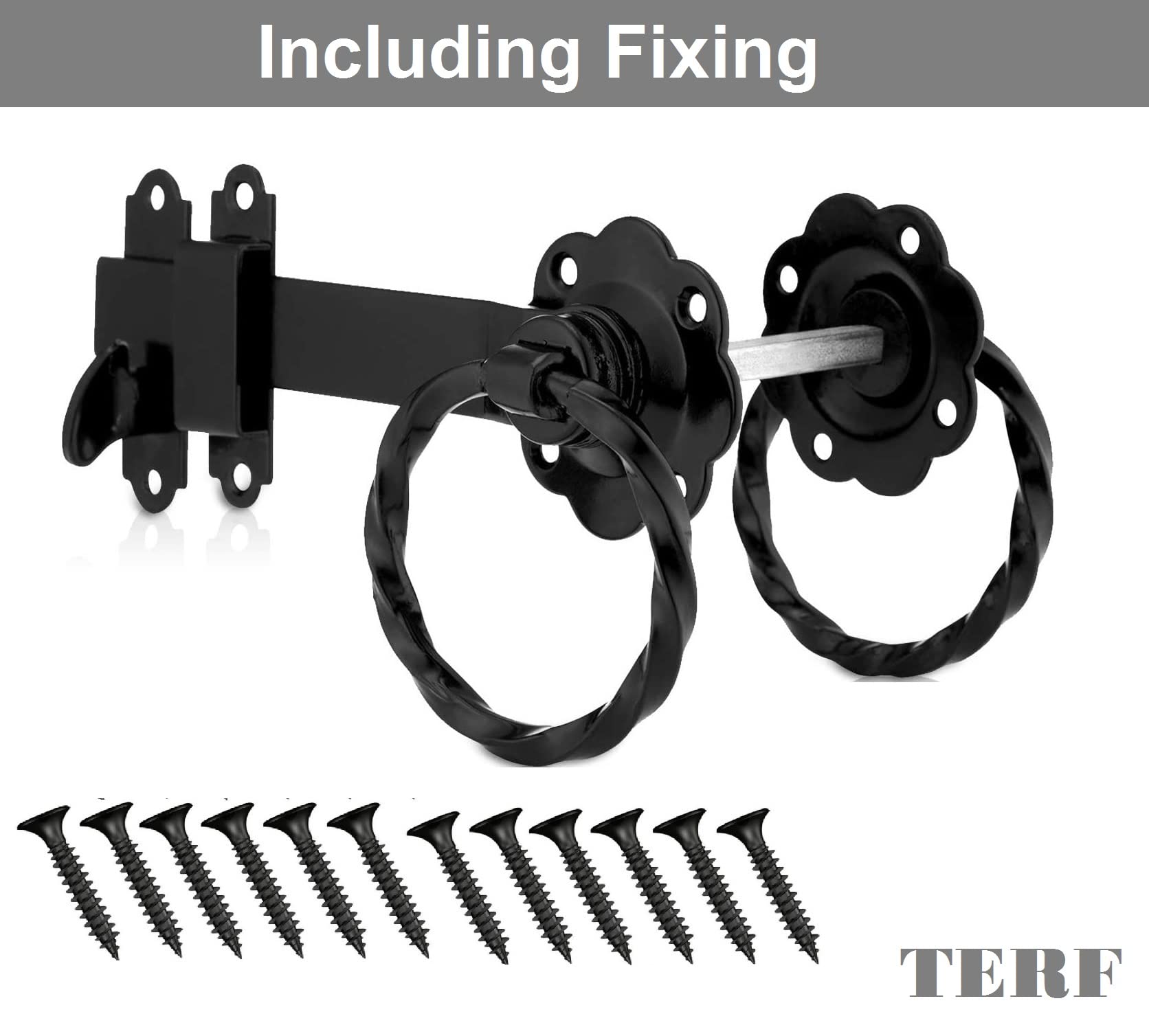 TERF® Heavy Duty Antique Black Twisted Ring Gate Latch Door Lock Ring Handle Garden Gate Door Latch Catch Lock - Weather Protection for External Doors Gate Shed Lock with Fixing Screw - Pack of 1