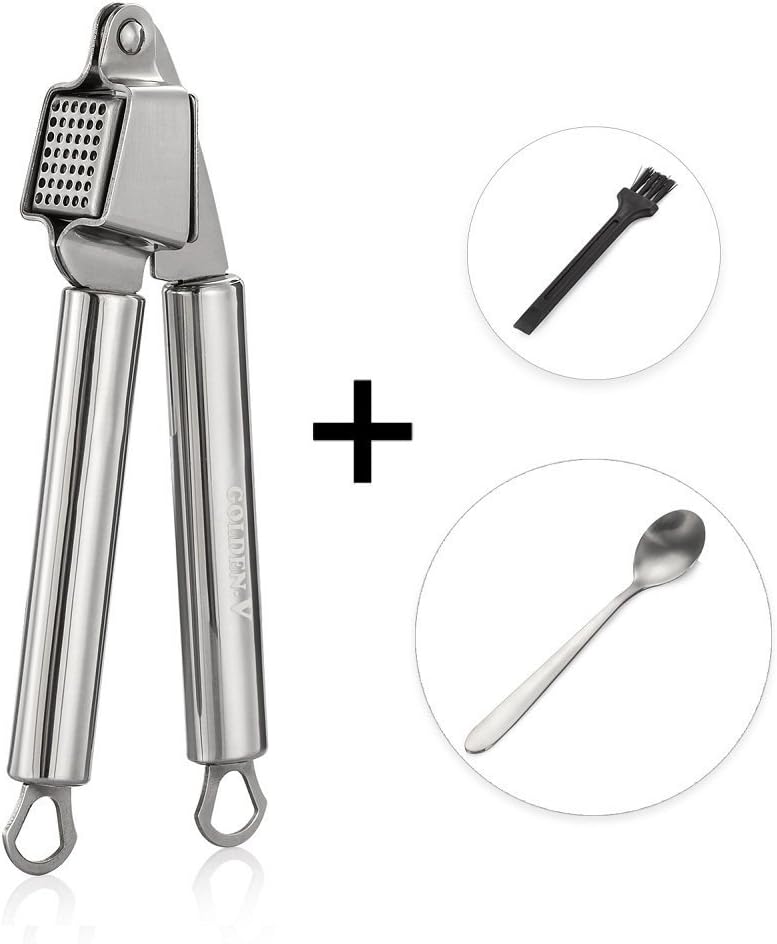 GOLDEN V Garlic Press, 100% Food Grade Stainless Steel Garlic/Ginger Crusher with Removable Build in Container, Easy to Clean, Bonus- Cleaning Brush and Cute Spoon