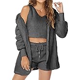 A ADILACA Womens Hooded Cardigan Outwear Sleeveless Crop Tops Shorts Nightwear Set