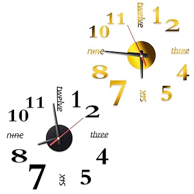 Outus 2 Pieces 3D Frameless Wall Clock Stickers Decoration DIY Wall Clock Sticker for Living Room Bedroom (Black and Gold)