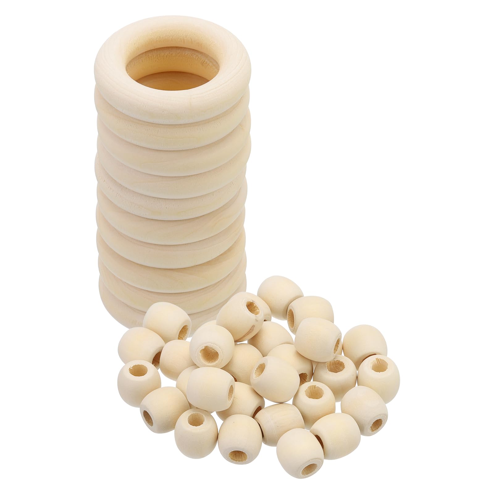 PATIKIL Natural Wood Rings and Unfinished Wooden Beads Set, 10Pcs 50mm Wood Hoop & 30Pcs 17mm Wood Color Round Loose Beads for DIY Pendant Connectors Jewelry Making Macrame Wall — image 1