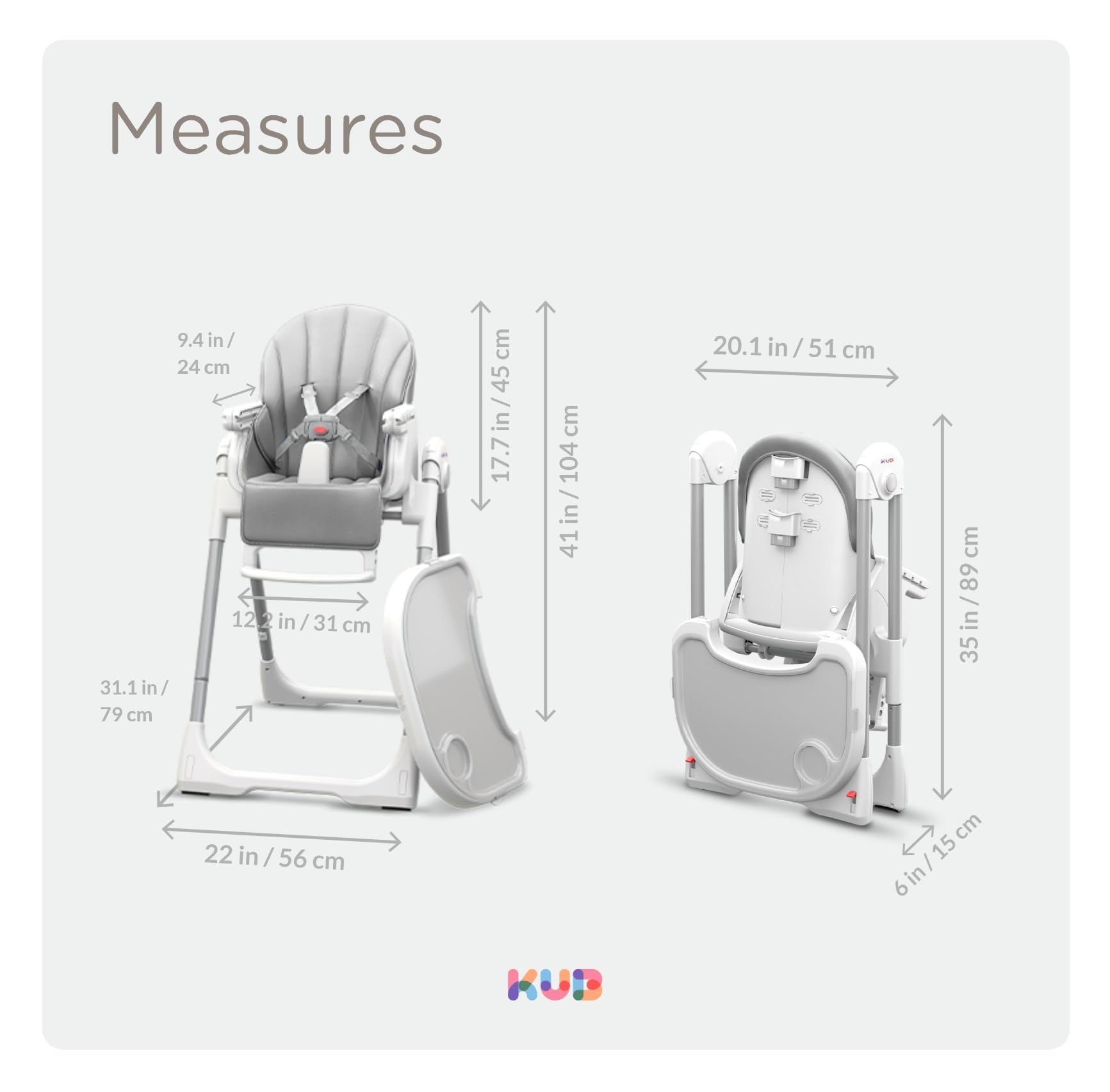 KÜB 3-in-1 Foldable Baby High Chair | Multifunctional Infant High Chairs for Babies and Toddlers | Removable Seat & Tray Easy Clean | 7 Height & 4 Recline Adjustable | 2 Locking Wheels (Grey)