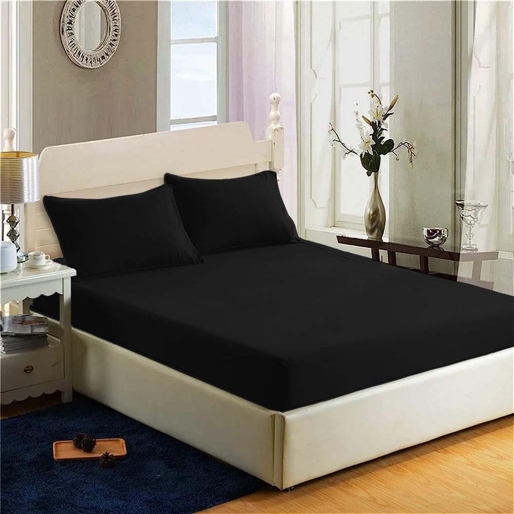 200 Thread Count 100% Egyptian Cotton Fitted Sheet - 16"/40cm Extra Deep Fitted Bed Sheet - Luxury Ultra Soft Bottom Sheet - Deep Pocket Stretches Up to 16" (Black, Super King)