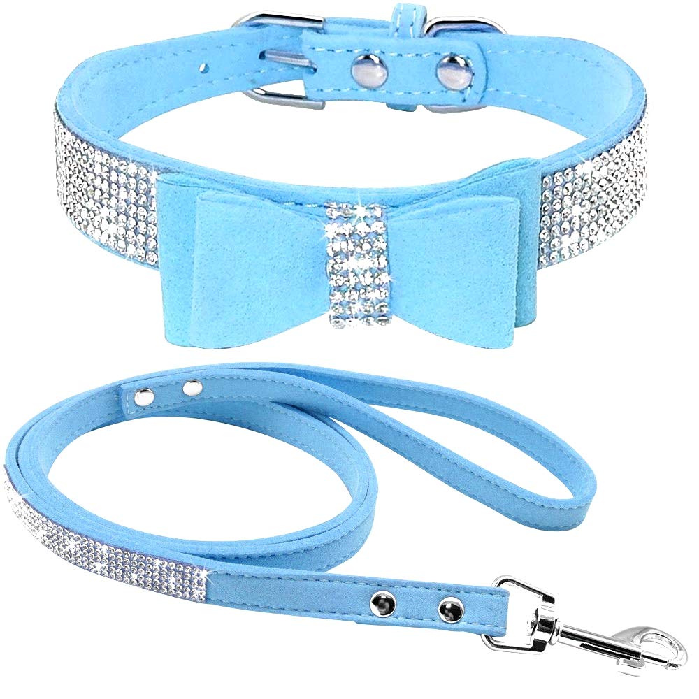 haoyueer Cute Dazzling Sparkling Elegant Fancy Soft Suede Leather Bling Rhinestone Crystal Jeweled Pet Cat Dog Puppy Collar Dog Leash Combo Set (XS, Blue-1) โ image 1