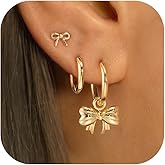 GUOKE 3 Pairs Small Hoop Earring Stacks, 14K Gold/Silver/Black/Rose Gold Plated Pearl Heart Butterfly Bow Star Moon Leaf Diamond Hoop Charm Drop Huggie Earrings Trendy Jewelry Gift for Women