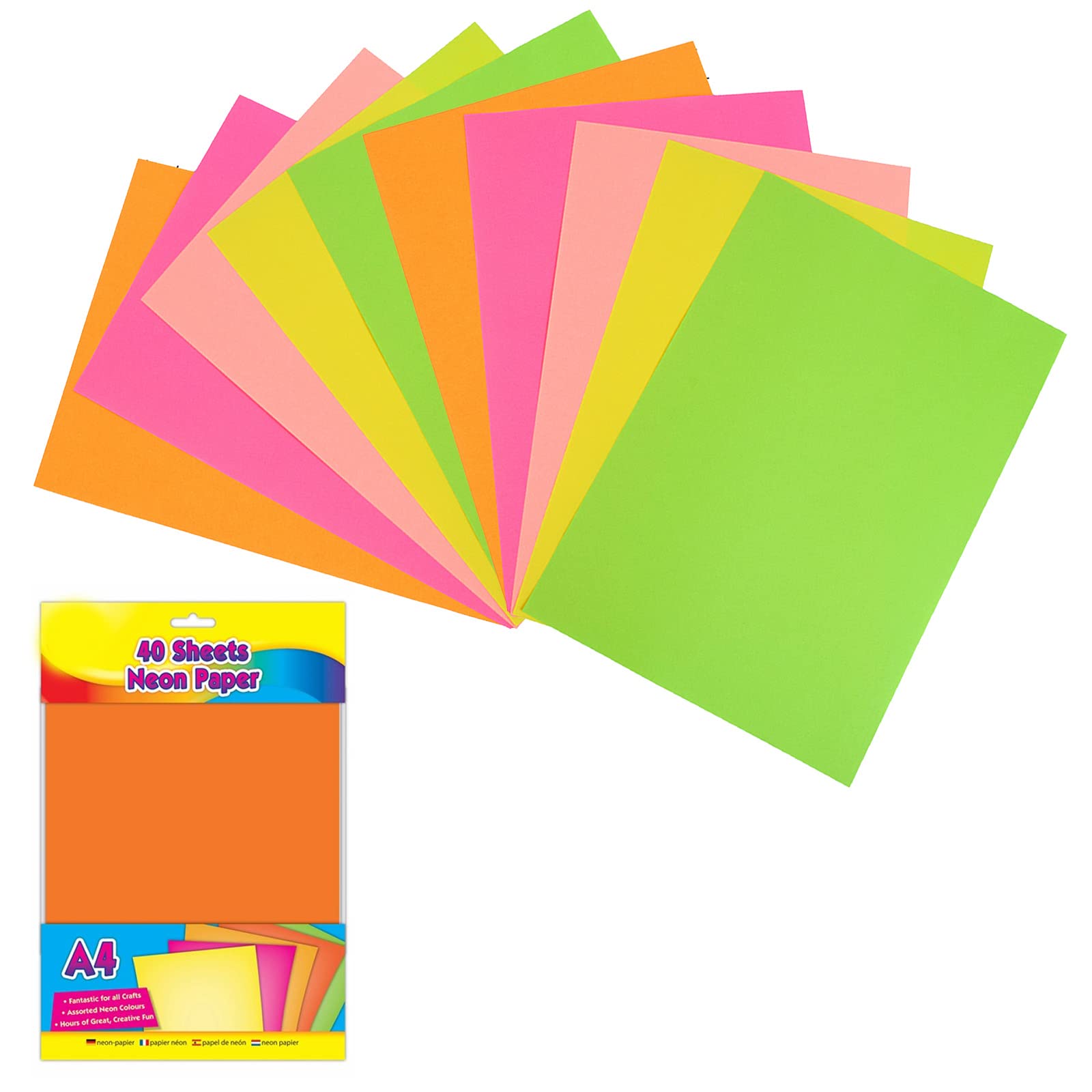 Neon Paper A4 Size Drawing Art and Craft Projects Party Decorations Printer Copy Paper 40 Fluorescent Sheets