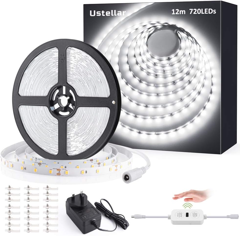 12M White LED Strip Lights Kit, Ustellar Dimmable LED Hand Wave Switch