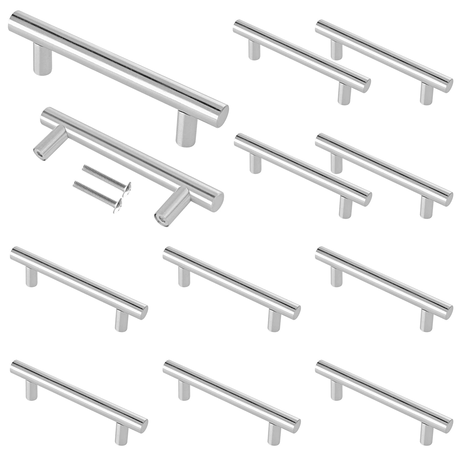 Cjueiom 12 Pack Brushed Nickel Cupboard Handles 76mm Hole Center T Bar Handles, Stainless Steel Drawer Handle Long Wardrobe Door Handle Pulls, 127mm Length Kitchen Cabinet Pulls for Bedroom Drawer — image 1