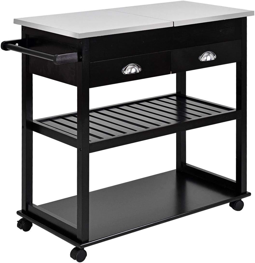 Alitop Rolling Kitchen Trolley Cart Stainless Steel-Flip Top W/Drawers &Casters
