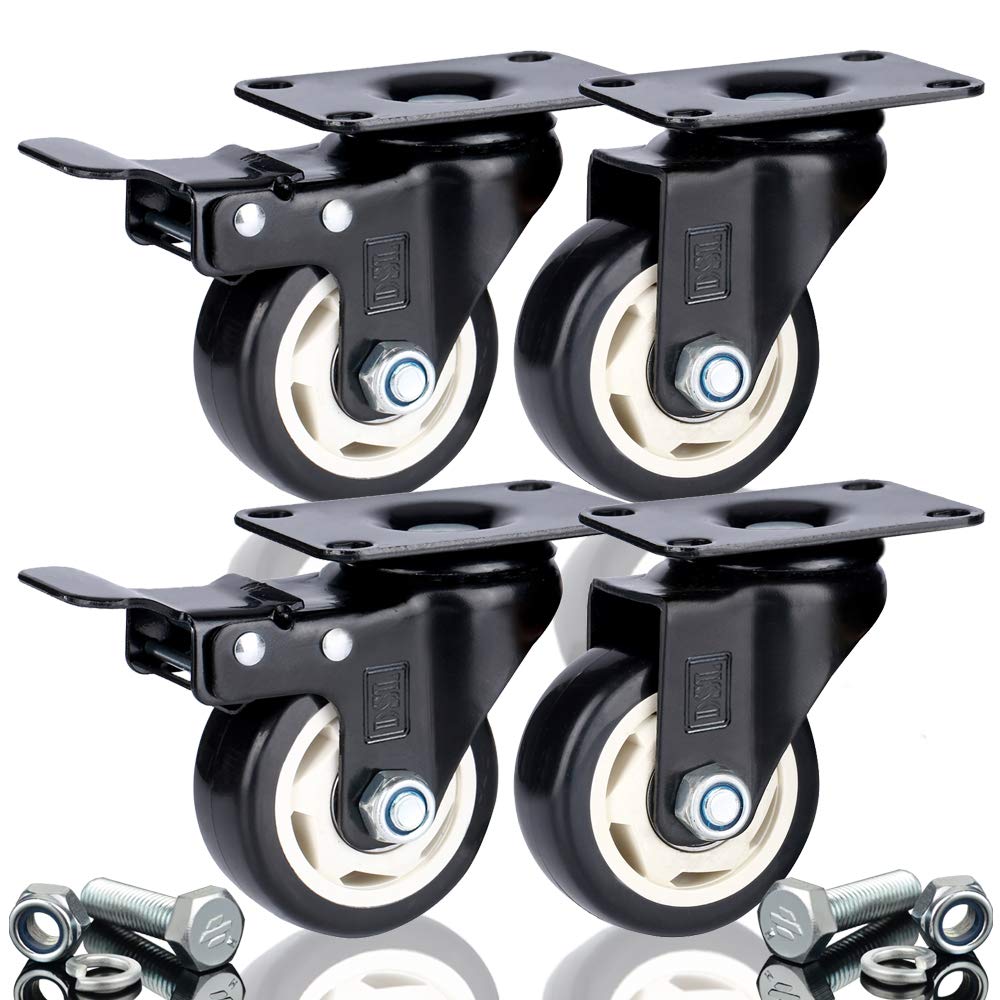 DSL 4 x 75mm PU Heavy Duty Double Bearing 2 Castor with 2 Braked Rubber Swivel Castor Wheel Trolley Furniture Caster 400KG Free Fitting