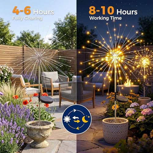 yowin Firework Solar Lights Outdoor Garden 4 Pack 120 LED Solar Garden Lights, 8 Modes Starburst Light Waterproof Copper Wire Dandelion Outdoor Stake Light for Pathway Patio Yard Lawn - Warm White