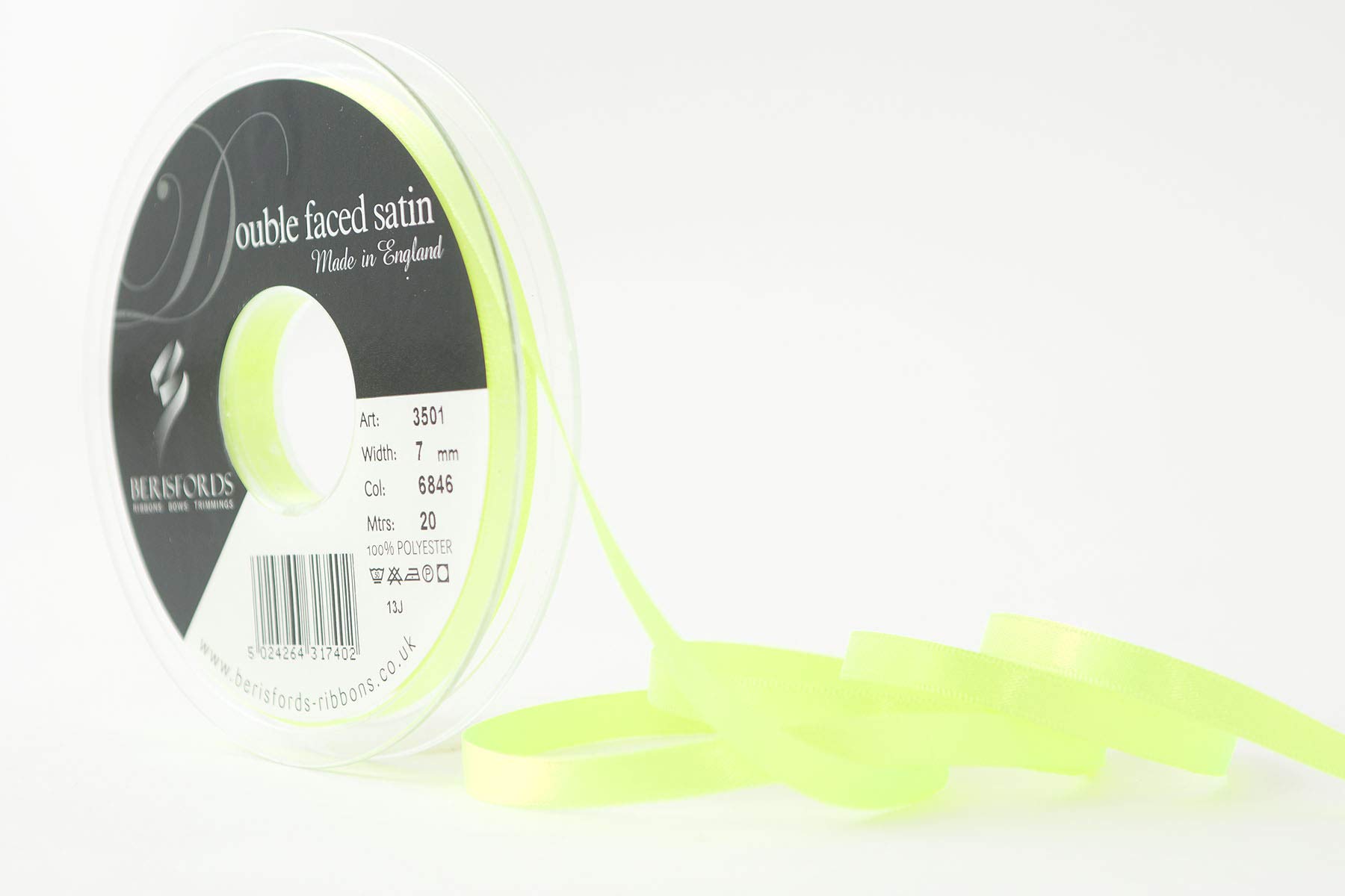 Berisfords Ribbon, Flo Yellow, 7 mm