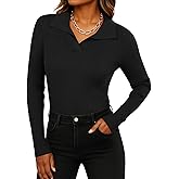 Feiersi Sweaters for Women Casual Trendy Lapel V Neck Long Sleeve Sweater Ribbed Knit Stretch Soft Pullover Shirt