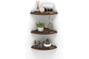 HORLIMER Floating Corner Shelf Wall Mount, Set of 3 Rustic Wood Corner Wall Shelves with Fence for Bedroom, Living Room, Bathroom, Kitchen, Brown