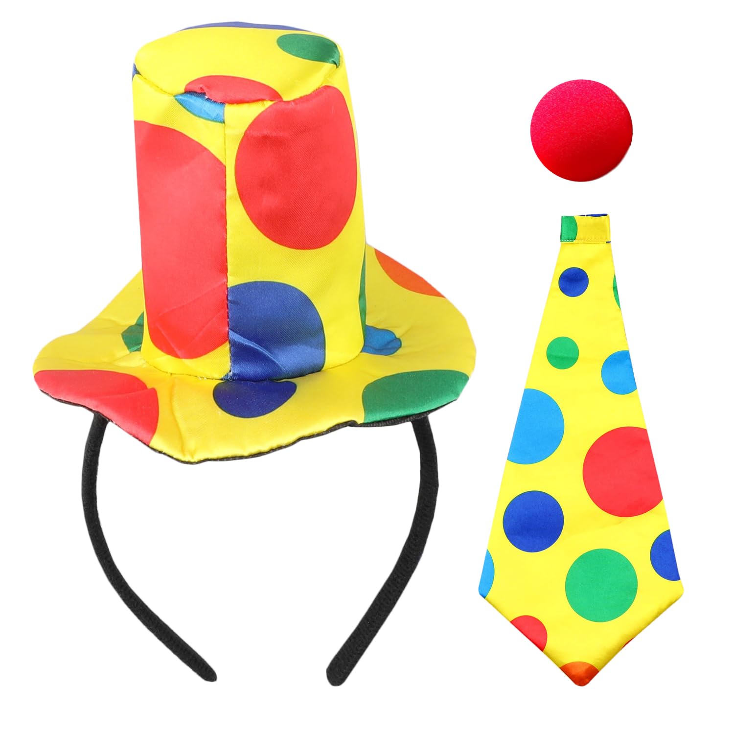 Lezevn 3pcs Clown Costume Set Clown Hat Headband Red Clown Nose Clown Tie for Halloween Carnival Circus Cosplay Party