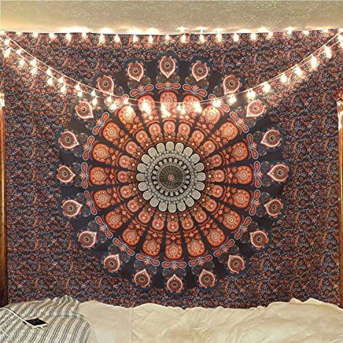 Tapestry Mandala Hippie Bohemian Tapestries Wall Hanging Flower Psychedelic Tapestry Wall Hanging Indian Dorm Decor (Golden Blue, M-51.2"×59.1")
