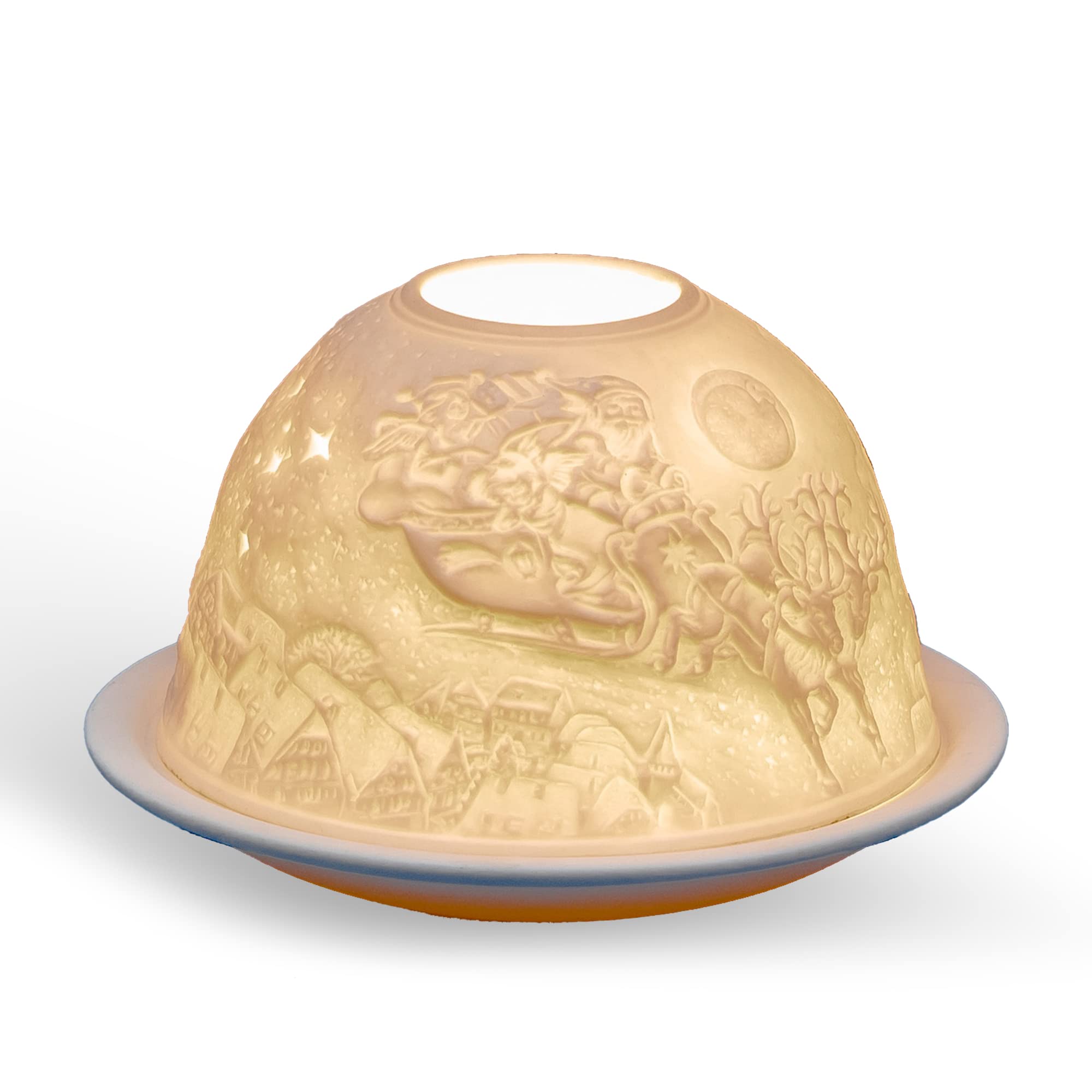 Porcelain Candle Holder in a Flying Sleigh Design Christmas-themed Tealight Holder | Handcrafted | Dome-shaped | Unglazed Finish in White