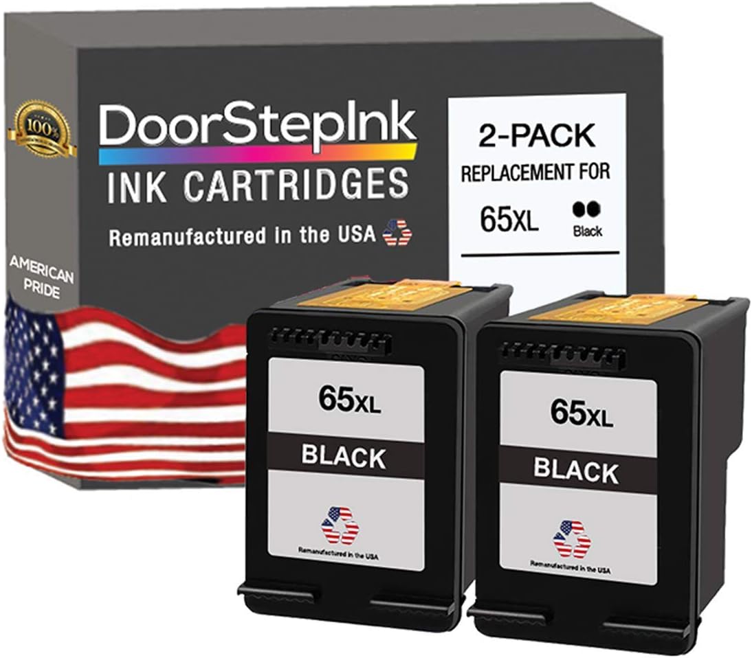 DoorStepInk Remanufactured in The USA Ink Cartridge Replacements for HP 65XL 65 XL 2 Black N9K04AN Shows Ink Levels for Printers Envy 5055 e-All-in-One, 5032, 5030, 5020, DeskJet 3758, 3755