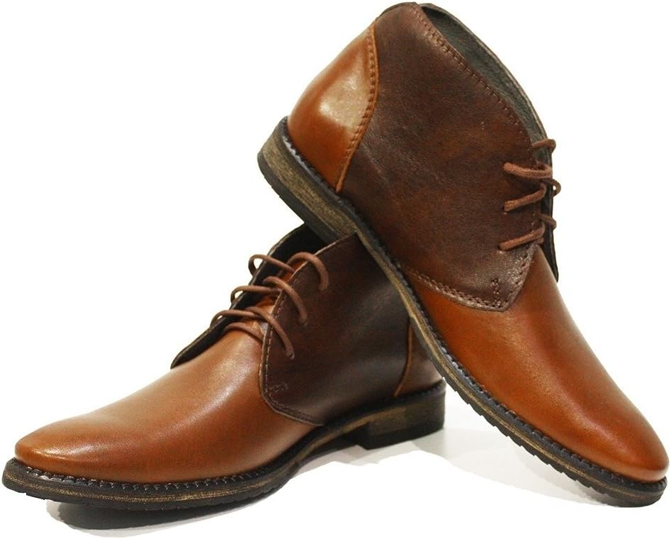 Modello Sergio - Handmade Italian Leather Mens Color Brown Ankle Chukka Boots - Cowhide Smooth Leather - Lace-Up