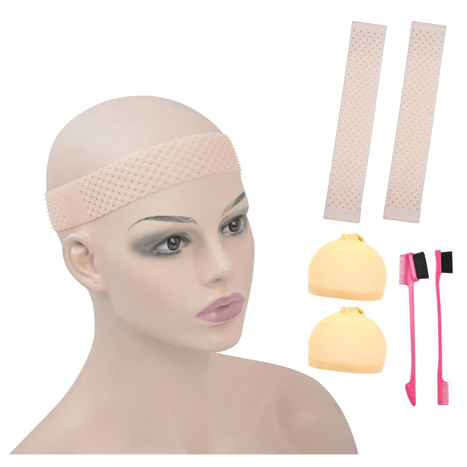 2 Pcs Breathable Elastic Headbands with Stocking Wig Caps & Hairbrush - Non Slip Silicone Wig Grip (Pink) โ image 1