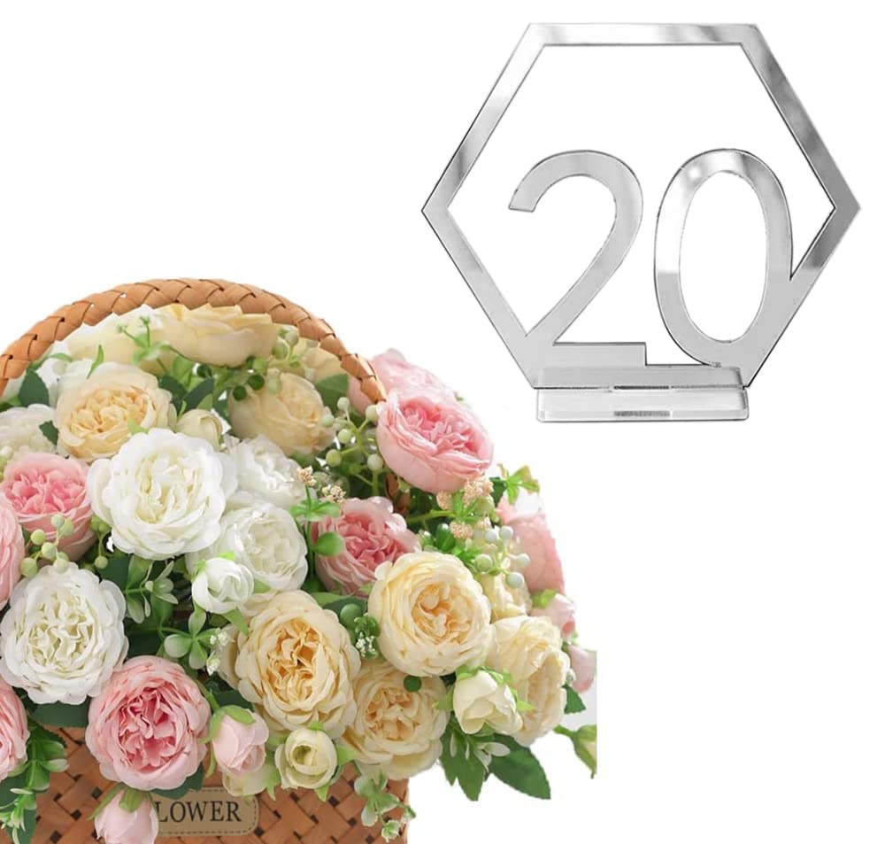 Velidy Table Numbers,1-20Wedding Acrylic Standing Table Numbers with Holder Base for Wedding, Party, Events Or Catering Decoration (Silver)