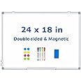 DOLLAR BOSS White Board Magnetic Dry Erase Board, 24 x 18 Inch Double-Sided Whiteboard for Wall Silver Aluminum Frame for Office School Home with 8 Magnets 4 Markers 1 Eraser 1 Detachable Pen Tray