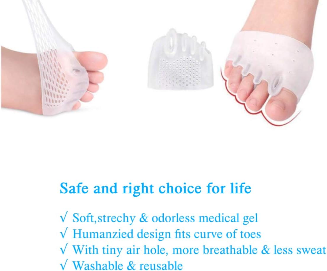 Five-Hole Metatarsal Pads, Ball of Forefoot Cushions, Breathable Toe Separators for Foot Pain Relief (2 Pairs) (Transparent): Health & Personal Care