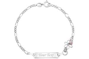 UNICORNJ 925 Italy Sterling Silver Child or Baby Name Bracelet Girls Boys, Personalized Engraved Kids ID Bracelets, 6.5" Figaro Chain, Enamel Charm Newborn Infant Toddler Kid Jewelry