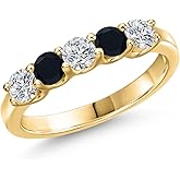 Gem Stone King 10K Yellow Gold Lab Grown Diamond and Black Onyx 5-Stone Wedding-Bands Ring For Women | 0.77 Cttw | Round 3.5MM | Wedding Engagement Anniversary Promise Ring For Women