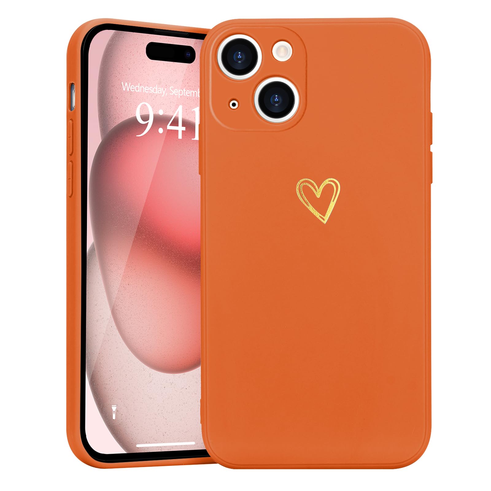 Wirvyuer for iPhone 15 Case Cute Heart Pattern Soft Shockproof Protective Silicone Phone Case for Women Girls, Orange — image 1