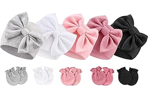 BQUBO Newborn Baby Girls Hats Mittens Set Hospital Hat Beanie Infant Bow Hats Baby Cotton Gloves for 0-6 Months