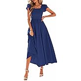 KIRUNDO Smocked Summer Dresses for Women 2026 Wedding Guest Midi Flowy Ruffle Short Sleeve Square Neck Tiered Sundress