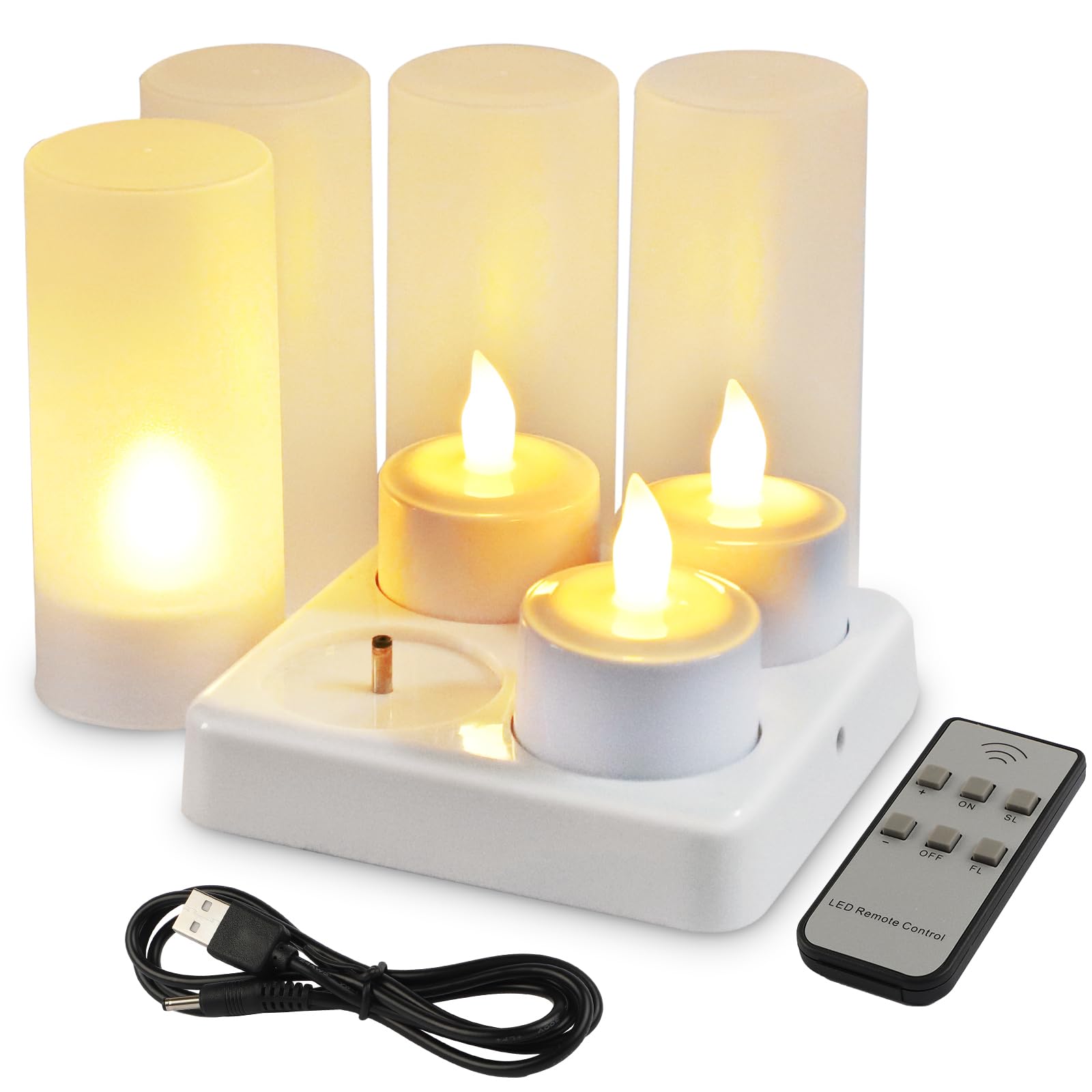 EuroFone LED Candles Plastic Rechargeable Tealight Flickering with Charging Dock, Set of 4 (Yellow) (Yellow)