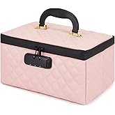 KaAutoler Portable makeup box with Lock, Large Capacity Travel Makeup Case Organizer, Makeup Bags for Girls Traveling With Handle and Divider Makeup Bag (Pink)