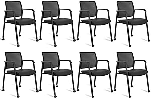 CLATINA Mesh Back Guest Reception Stacking Chair with Wheels, Waiting Room Stackable Chairs with Upholstered Leather Seat & Ergonomic Lumbar Support for Office Conference School Lobby, Black, 8 Pack