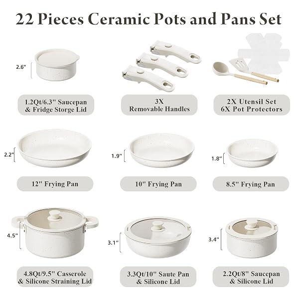 BAZOVA 22-PIECE POTS AND PANS SET NON STICK WITH REMOVABLE HANDLES, CERAMIC COOKWARE SET, LARGE-CAPACITY & NON TOXIC, INDUCTION & RV COMPATIBLE, DISHWASHER SAFE, PFAS/PTFE/PFOA FREE, WHITE
