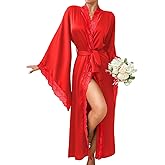 ChiaoLezhee Silk Long Robe For Women, Satin Lace-Trim, Bride Wedding-Night, Bridal Bridesmaid Kimono Robes Lightweight