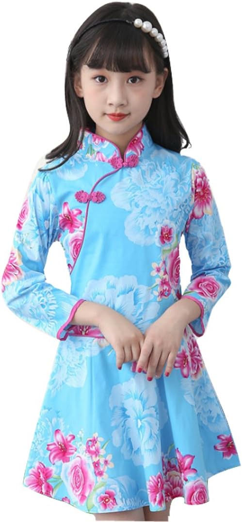 WINZIK Little Baby Girls Kids Outfits China Style Floral Pattern Long Sleeve Slim Cheongsam Chinese Qipao Mini Princess Dress