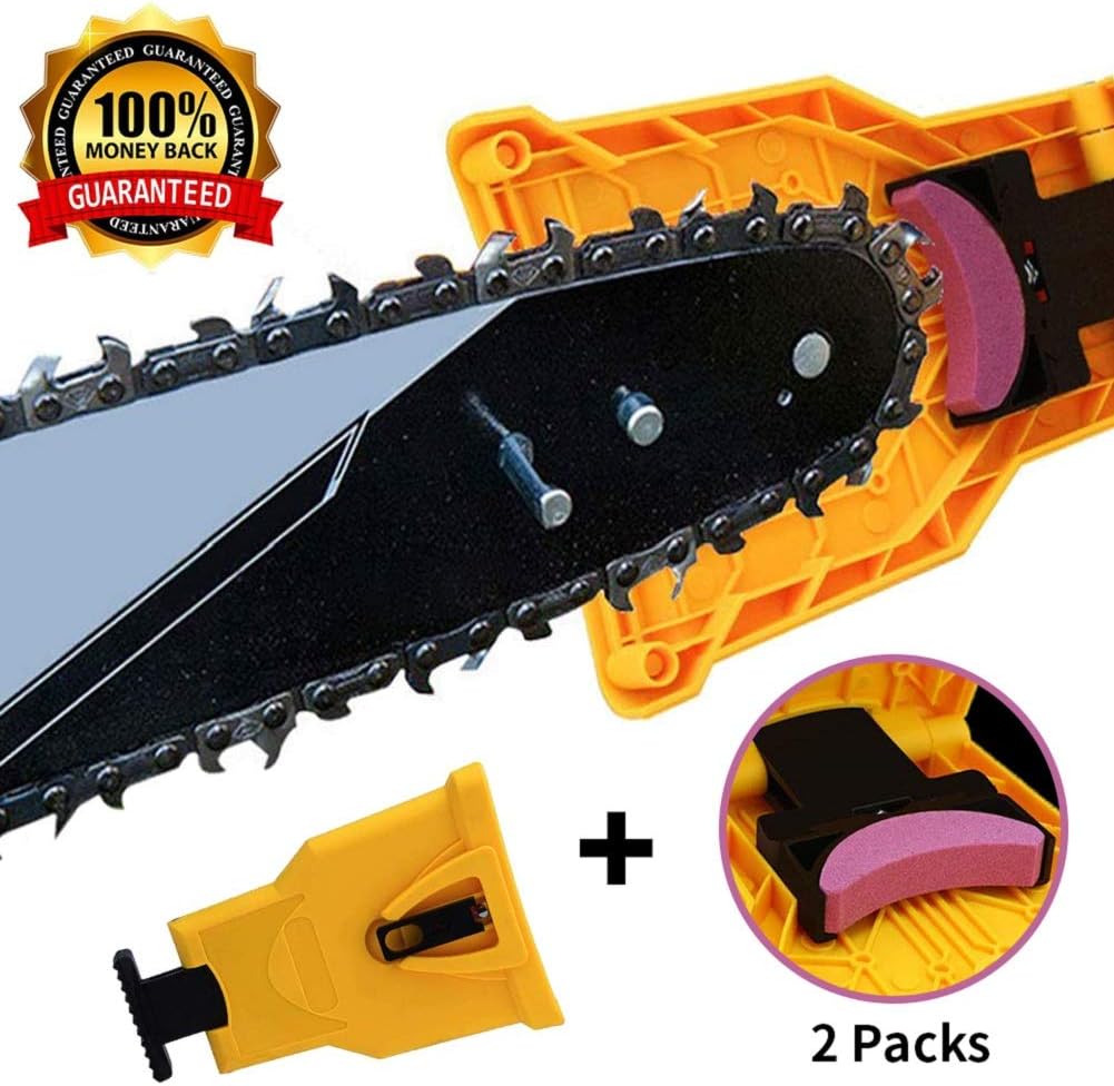 K KERNOWO Chainsaw Sharpener, Chainsaw Teeth Sharpener Fast Sharping Stone Grinder Tools Chain Saw Blade Sharpener Compatible with 14/16/18/20 Inch Two Holes Chain Saw Bar (2pcs Extra Whetstones)